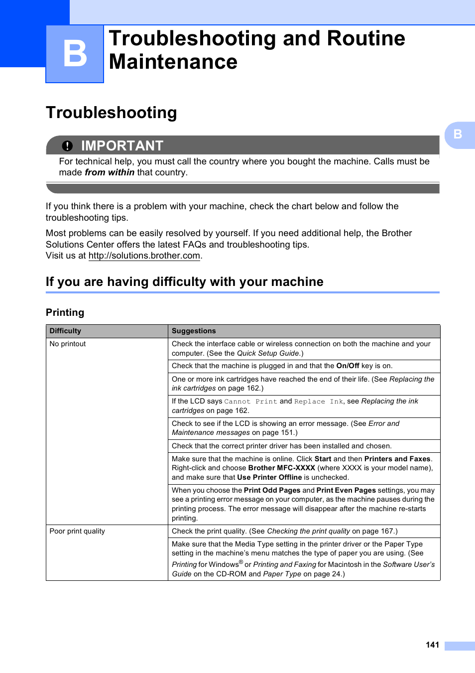 B troubleshooting and routine maintenance, Troubleshooting, If you are having difficulty with your machine | Troubleshooting and routine maintenance, Important | Brother MFC-795CW User Manual | Page 157 / 240