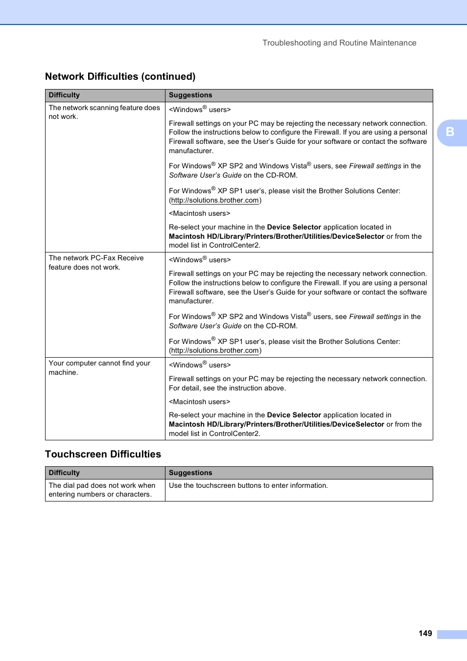 Touchscreen difficulties, Network difficulties (continued) | Brother MFC-795CW User Manual | Page 165 / 240