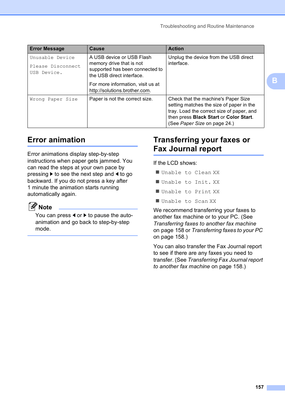 Error animation, Transferring your faxes or fax journal report, Berror animation | Brother MFC-795CW User Manual | Page 173 / 240