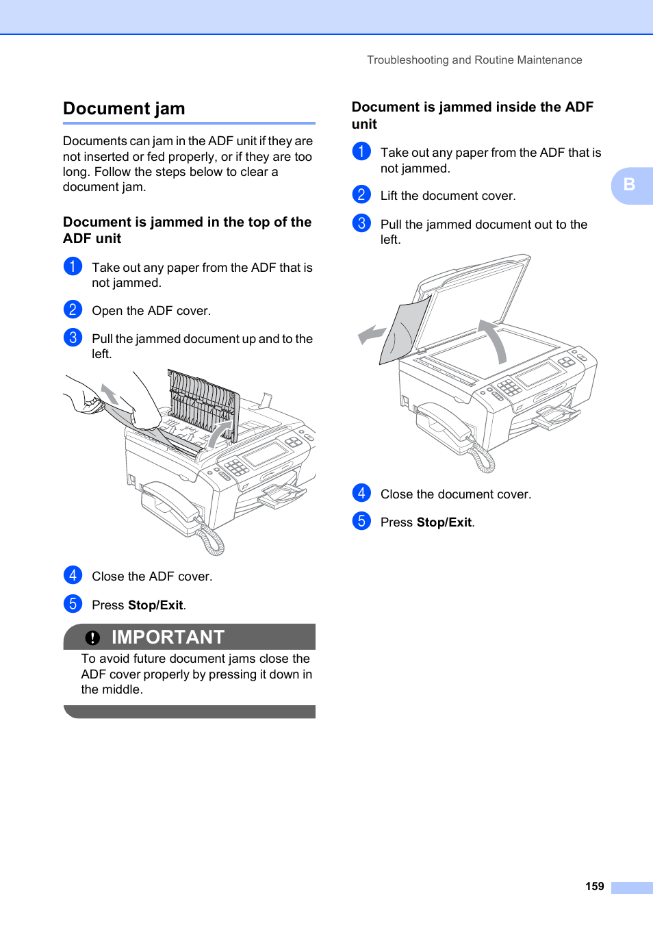 Document jam, Document is jammed in the top of the adf unit, Document is jammed inside the adf unit | Important, Bdocument jam | Brother MFC-795CW User Manual | Page 175 / 240