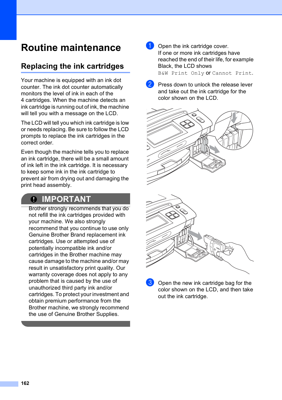 Routine maintenance, Replacing the ink cartridges, Important | Brother MFC-795CW User Manual | Page 178 / 240