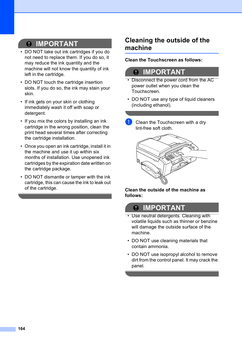 Cleaning the outside of the machine, Important | Brother MFC-795CW User Manual | Page 180 / 240