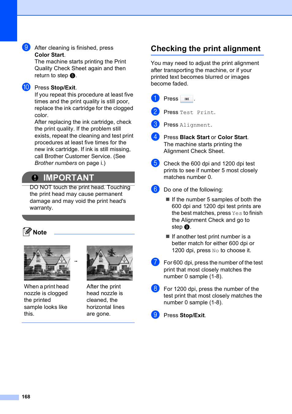 Checking the print alignment, Important | Brother MFC-795CW User Manual | Page 184 / 240