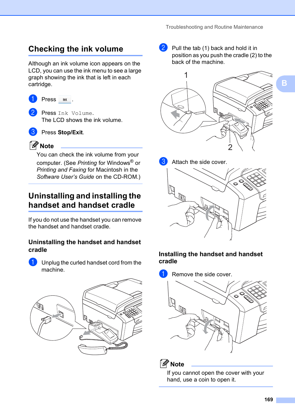 Checking the ink volume, Uninstalling the handset and handset cradle, Installing the handset and handset cradle | Bchecking the ink volume | Brother MFC-795CW User Manual | Page 185 / 240