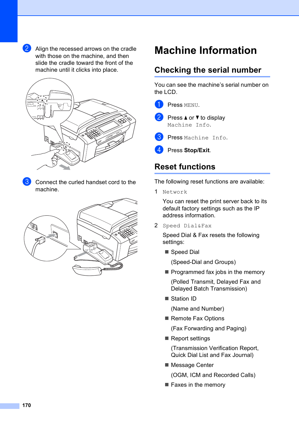 Machine information, Checking the serial number, Reset functions | Checking the serial number reset functions | Brother MFC-795CW User Manual | Page 186 / 240