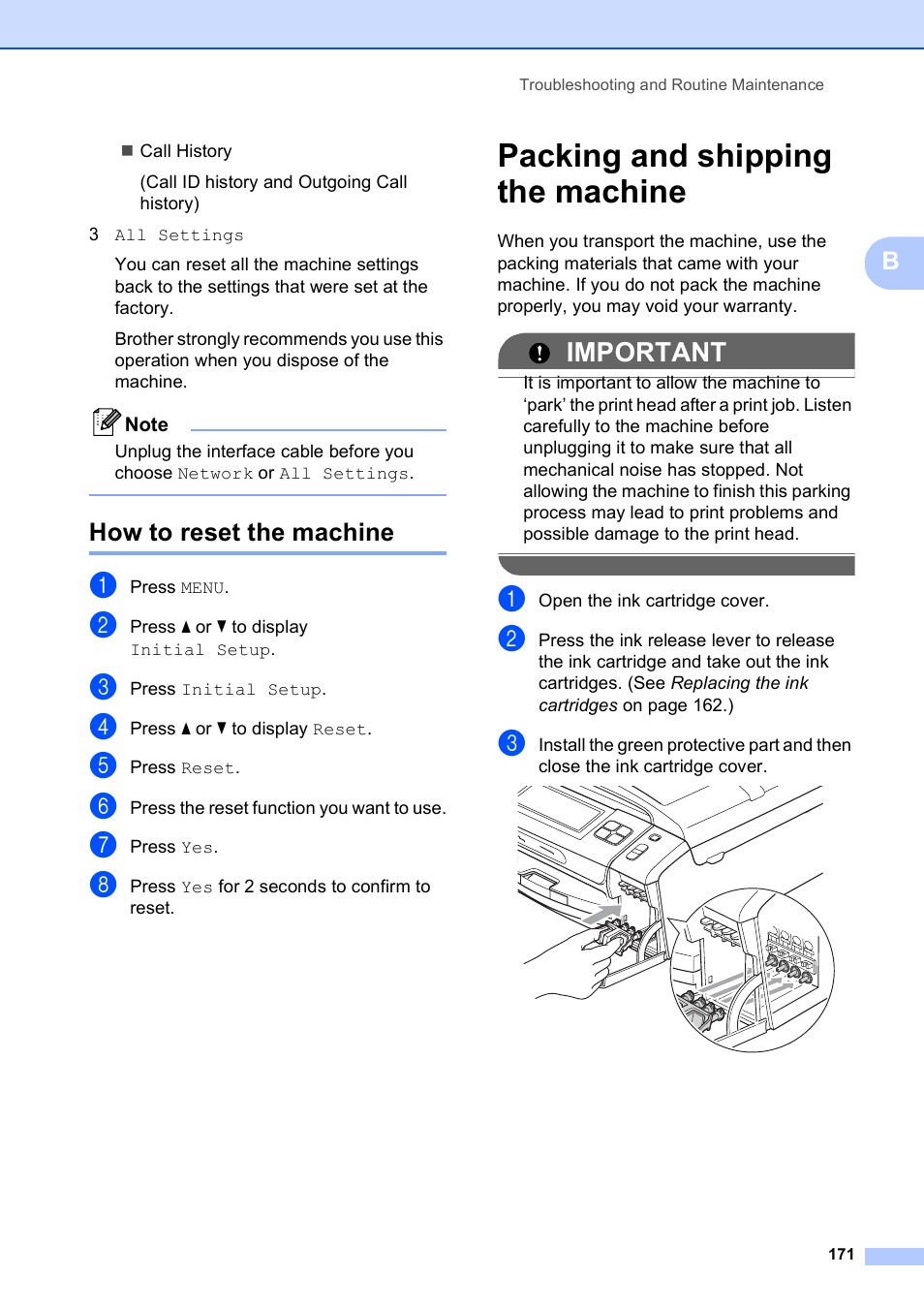 How to reset the machine, Packing and shipping the machine, Important | Brother MFC-795CW User Manual | Page 187 / 240