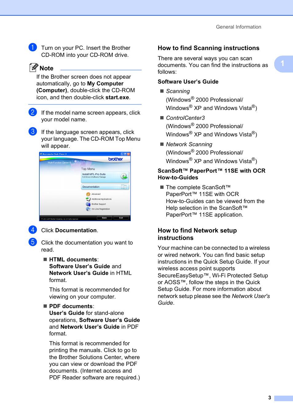 How to find scanning instructions, How to find network setup instructions | Brother MFC-795CW User Manual | Page 19 / 240