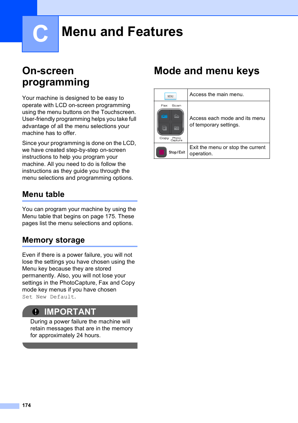 C menu and features, On-screen programming, Menu table | Memory storage, Mode and menu keys, Menu and features, Menu table memory storage, Important | Brother MFC-795CW User Manual | Page 190 / 240