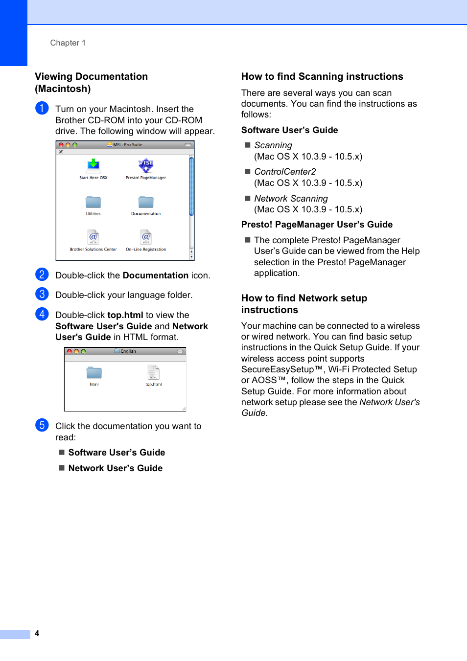 Viewing documentation (macintosh), How to find scanning instructions, How to find network setup instructions | Brother MFC-795CW User Manual | Page 20 / 240