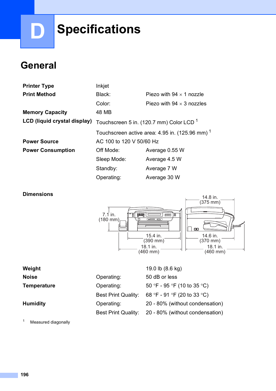 D specifications, General, Specifications | Brother MFC-795CW User Manual | Page 212 / 240