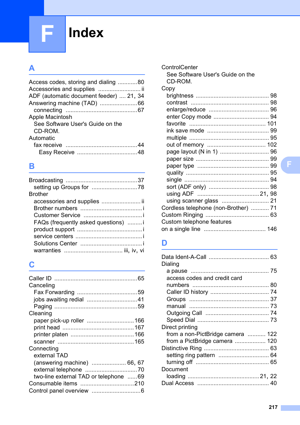 Index | Brother MFC-795CW User Manual | Page 233 / 240