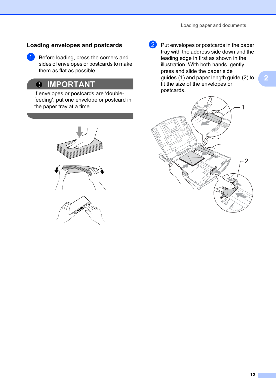 Loading envelopes and postcards, Important | Brother MFC-795CW User Manual | Page 29 / 240