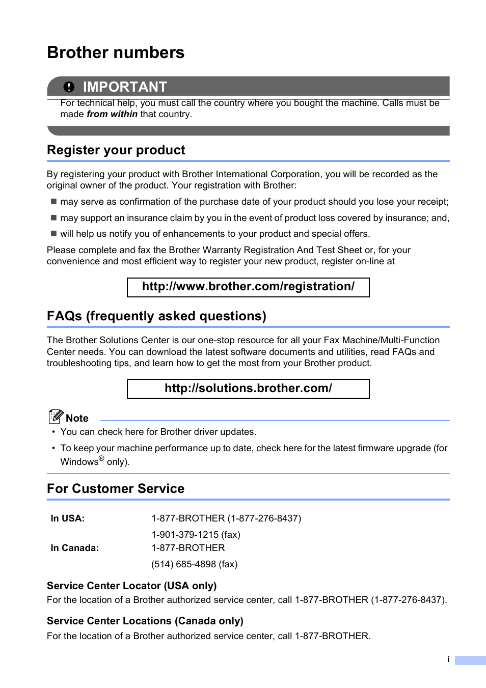 Brother numbers, Register your product, Faqs (frequently asked questions) | For customer service, Important | Brother MFC-795CW User Manual | Page 3 / 240