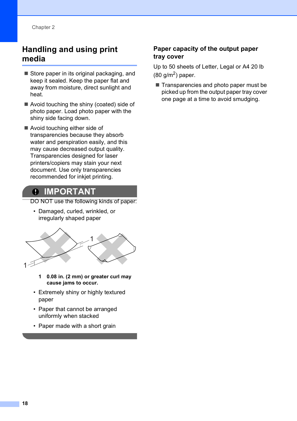 Handling and using print media, Paper capacity of the output paper tray cover, Important | Brother MFC-795CW User Manual | Page 34 / 240
