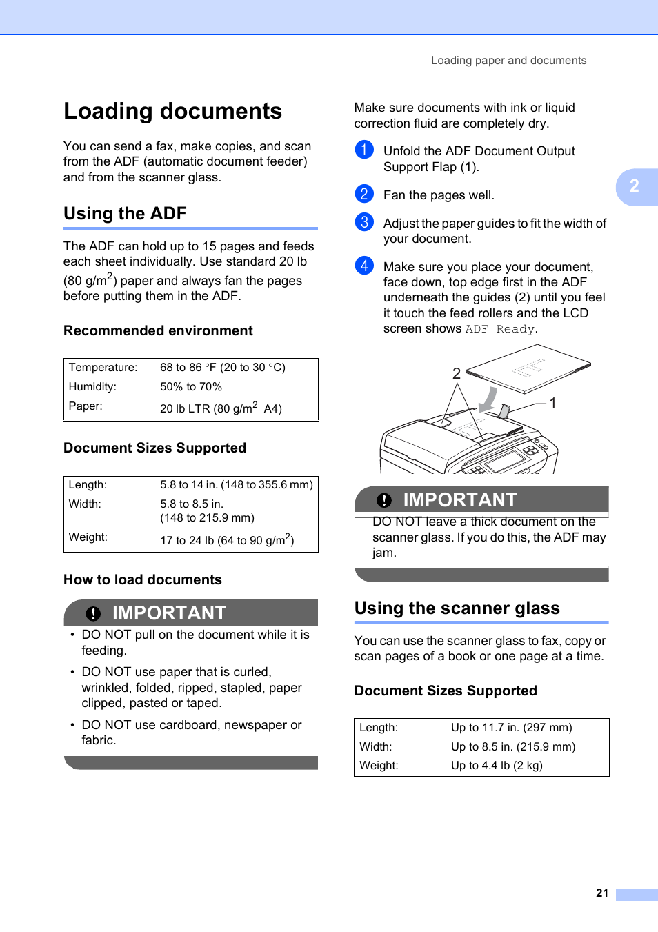 Loading documents, Using the adf, Recommended environment | Document sizes supported, How to load documents, Using the scanner glass, Using the adf using the scanner glass, Important | Brother MFC-795CW User Manual | Page 37 / 240
