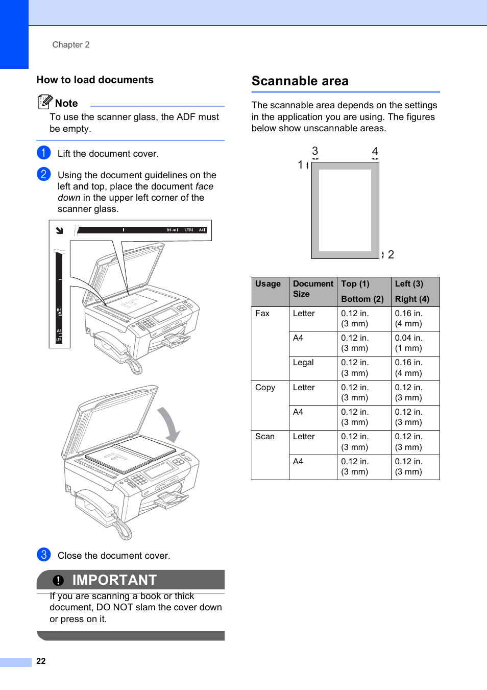 How to load documents, Scannable area, Important | Brother MFC-795CW User Manual | Page 38 / 240