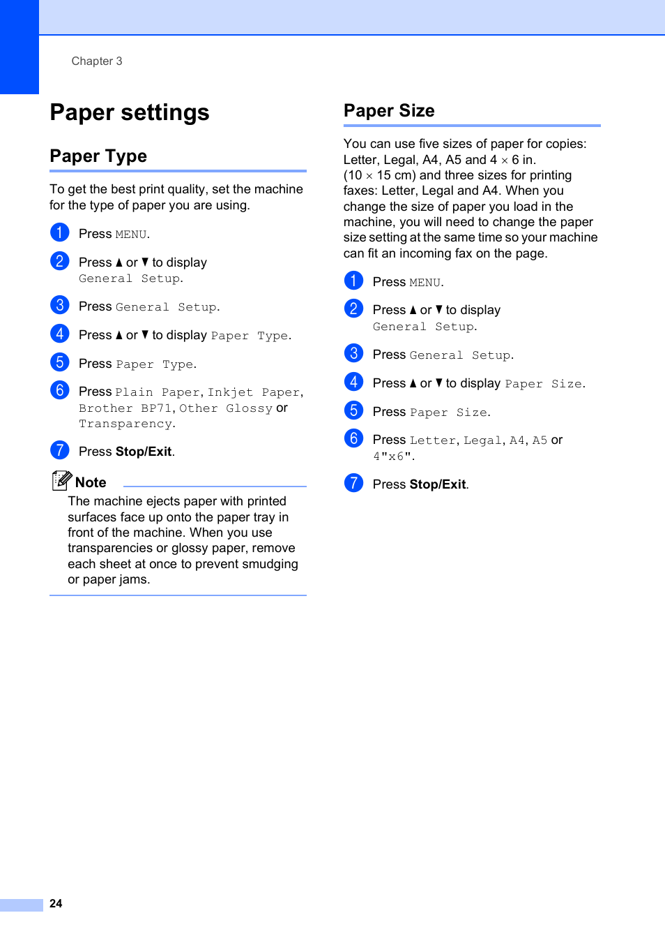 Paper settings, Paper type, Paper size | Paper type paper size | Brother MFC-795CW User Manual | Page 40 / 240