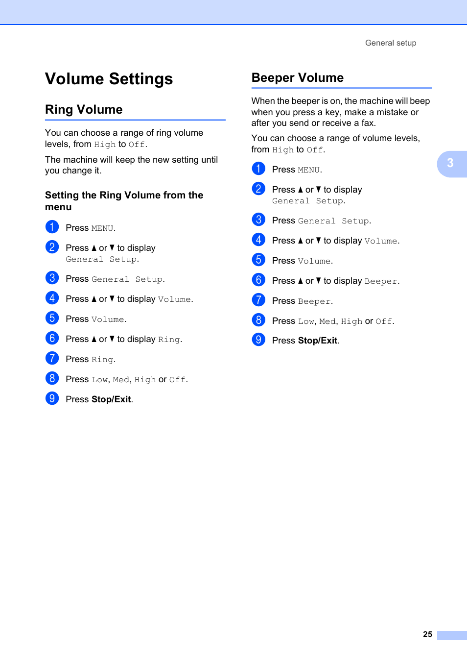 Volume settings, Ring volume, Setting the ring volume from the menu | Beeper volume, Ring volume beeper volume | Brother MFC-795CW User Manual | Page 41 / 240