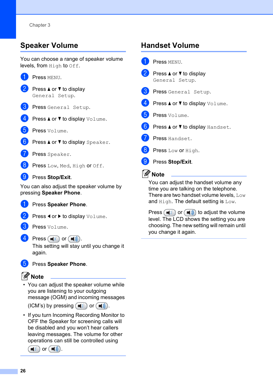 Speaker volume, Handset volume, Speaker volume handset volume | Brother MFC-795CW User Manual | Page 42 / 240
