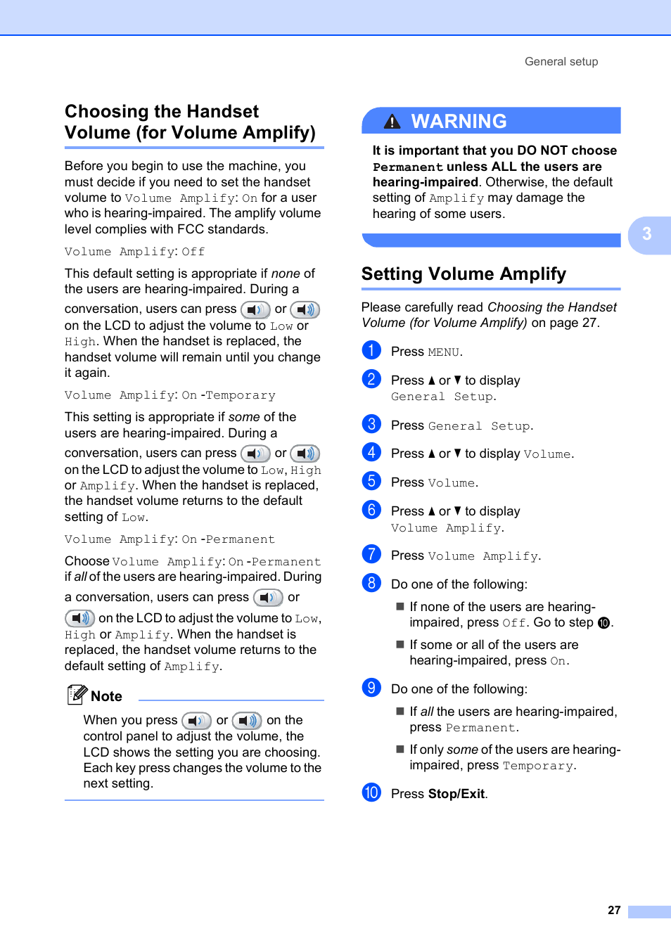 Choosing the handset volume (for volume amplify), Setting volume amplify, Warning | 3choosing the handset volume (for volume amplify) | Brother MFC-795CW User Manual | Page 43 / 240