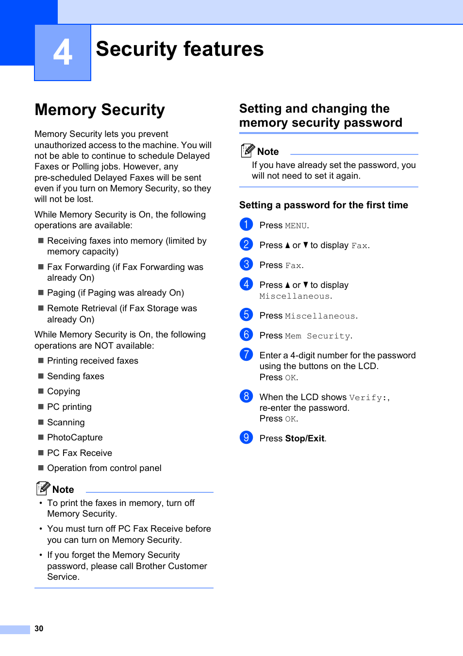 4 security features, Memory security, Setting and changing the memory security password | Setting a password for the first time, Security features | Brother MFC-795CW User Manual | Page 46 / 240