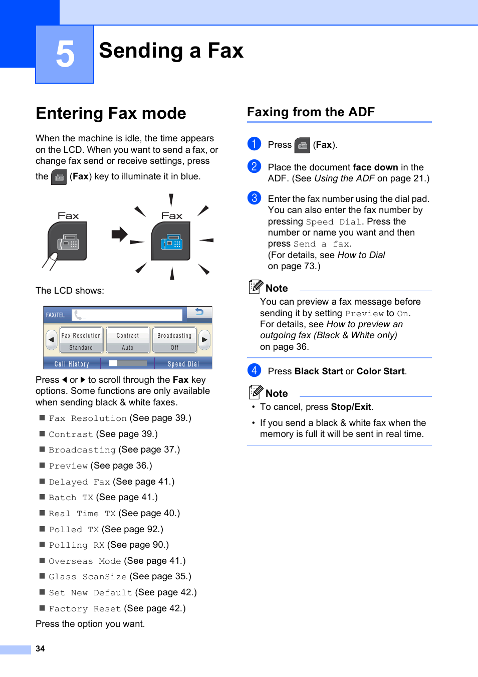 5 sending a fax, Entering fax mode, Faxing from the adf | Sending a fax | Brother MFC-795CW User Manual | Page 50 / 240
