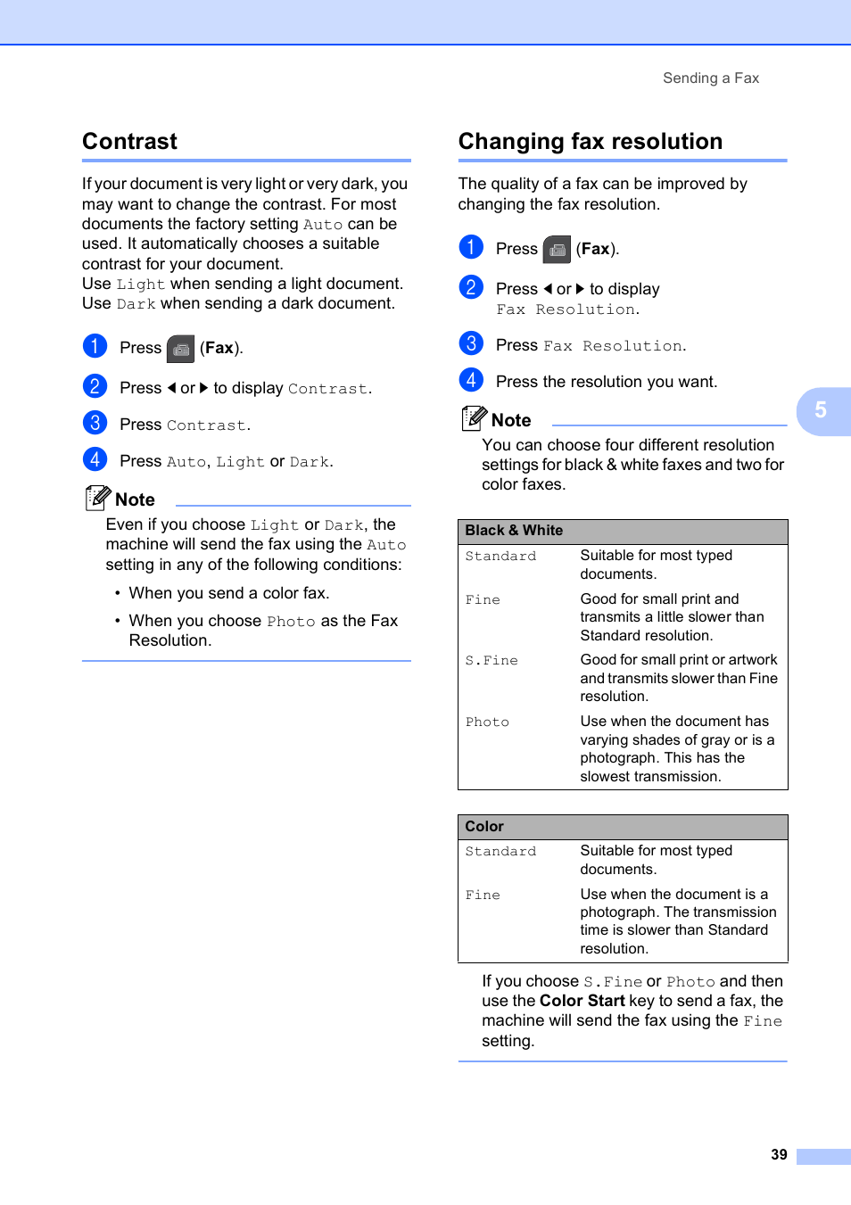 Contrast, Changing fax resolution, Contrast changing fax resolution | 5contrast | Brother MFC-795CW User Manual | Page 55 / 240