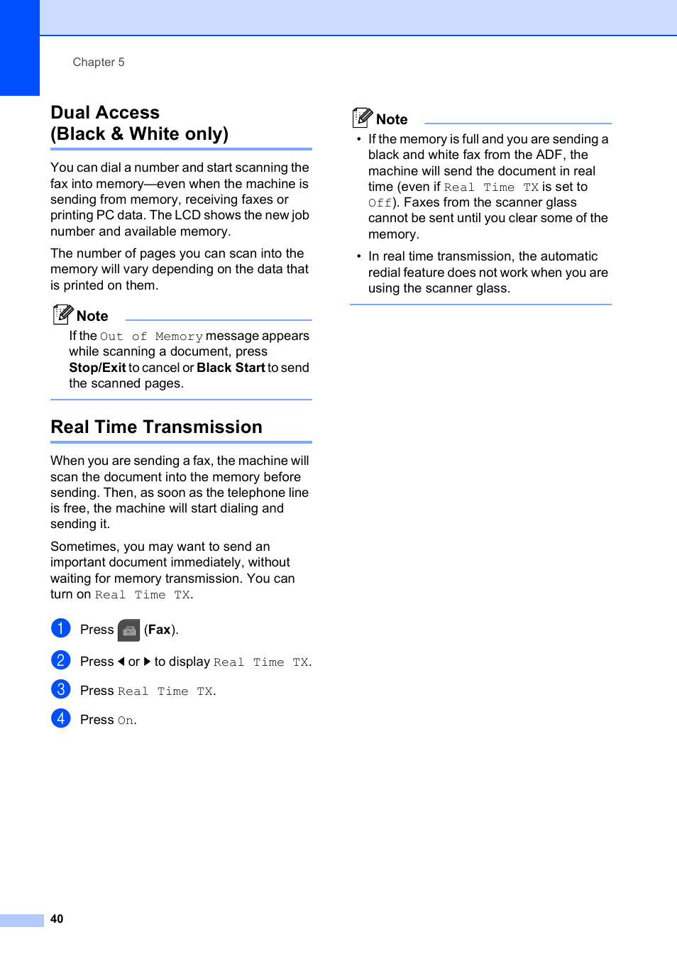 Dual access (black & white only), Real time transmission | Brother MFC-795CW User Manual | Page 56 / 240