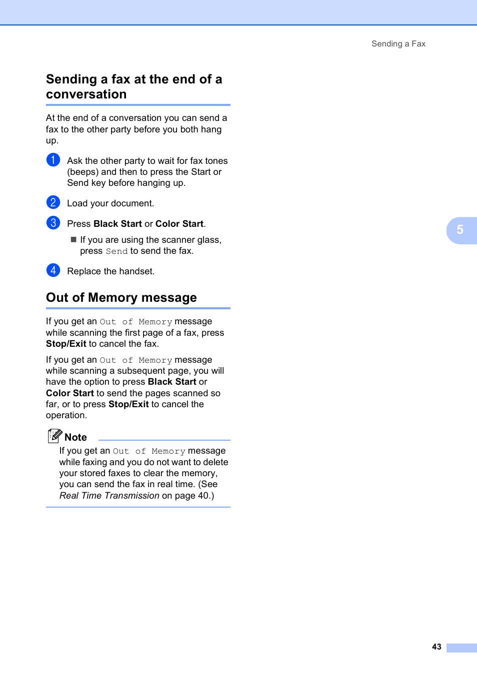 Sending a fax at the end of a conversation, Out of memory message, 5sending a fax at the end of a conversation | Brother MFC-795CW User Manual | Page 59 / 240