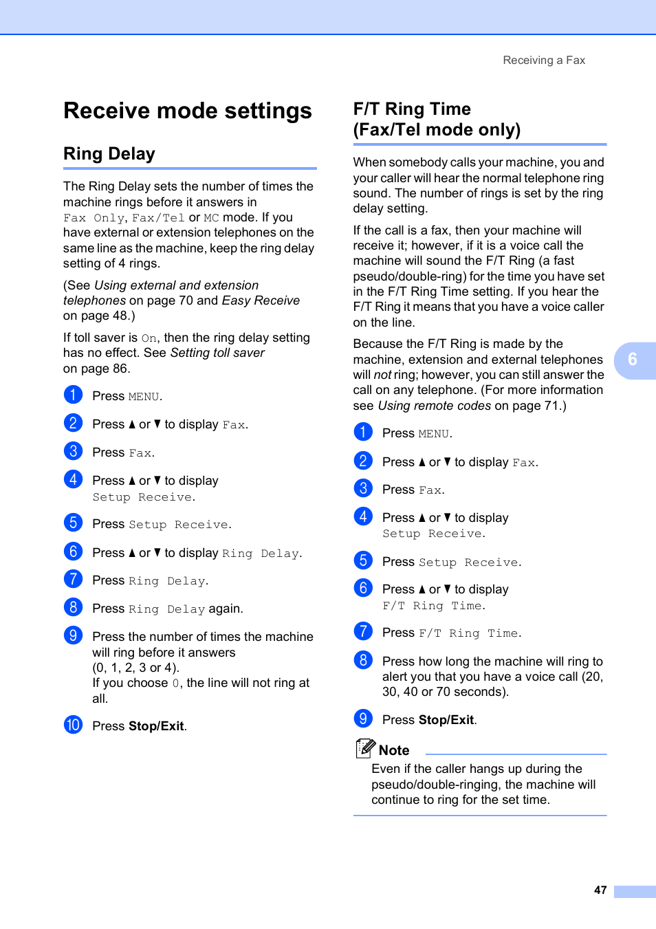 Receive mode settings, Ring delay, F/t ring time (fax/tel mode only) | Ring delay f/t ring time (fax/tel mode only) | Brother MFC-795CW User Manual | Page 63 / 240