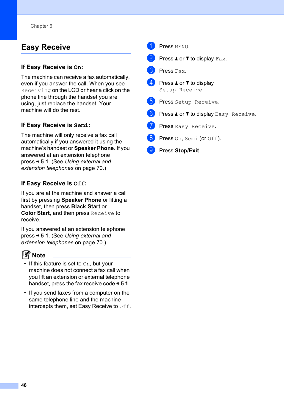 Easy receive, If easy receive is on, If easy receive is semi | If easy receive is off | Brother MFC-795CW User Manual | Page 64 / 240