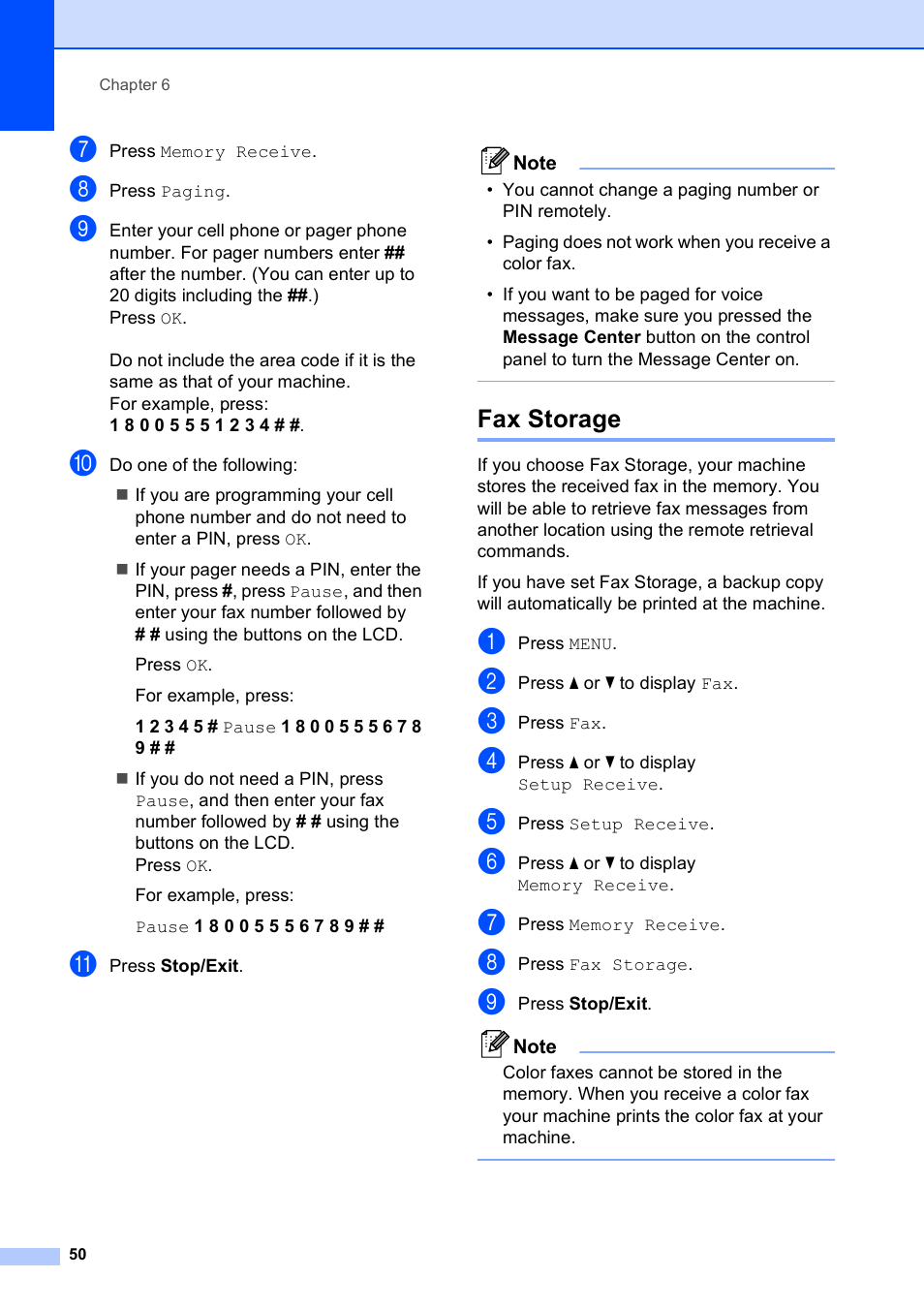 Fax storage | Brother MFC-795CW User Manual | Page 66 / 240