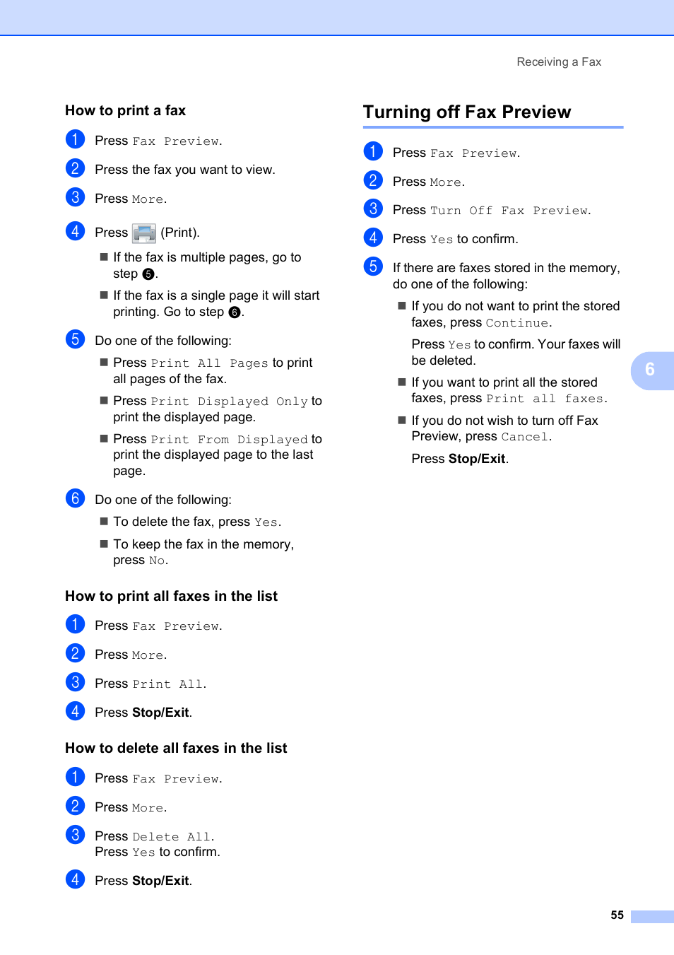 How to print a fax, How to print all faxes in the list, How to delete all faxes in the list | Turning off fax preview | Brother MFC-795CW User Manual | Page 71 / 240