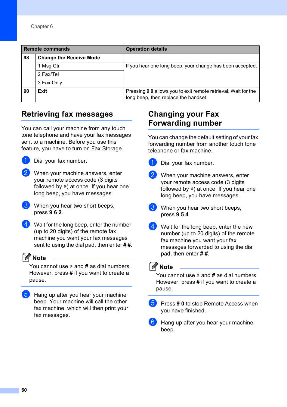 Retrieving fax messages, Changing your fax forwarding number | Brother MFC-795CW User Manual | Page 76 / 240