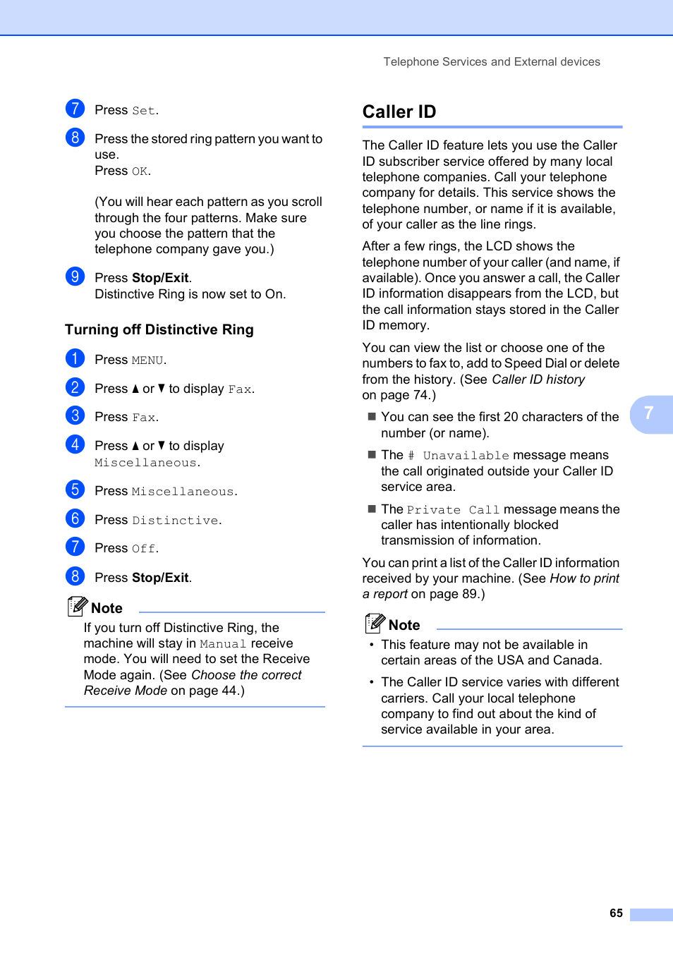 Turning off distinctive ring, Caller id | Brother MFC-795CW User Manual | Page 81 / 240