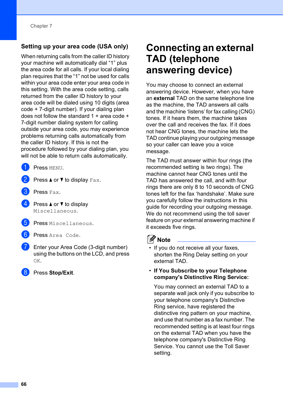 Setting up your area code (usa only) | Brother MFC-795CW User Manual | Page 82 / 240