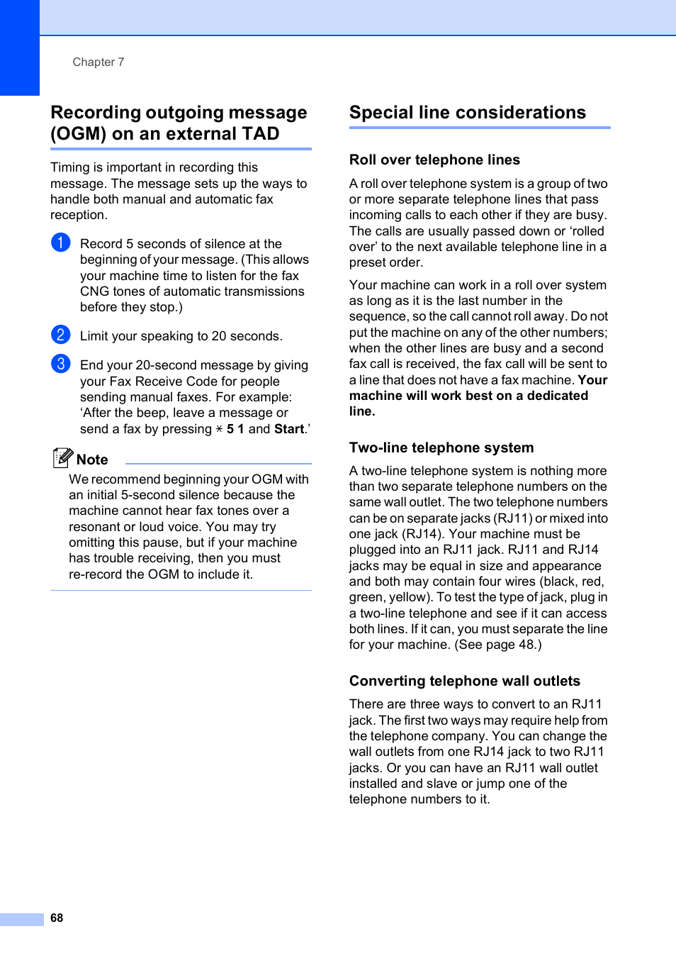 Special line considerations, Roll over telephone lines, Two-line telephone system | Converting telephone wall outlets | Brother MFC-795CW User Manual | Page 84 / 240