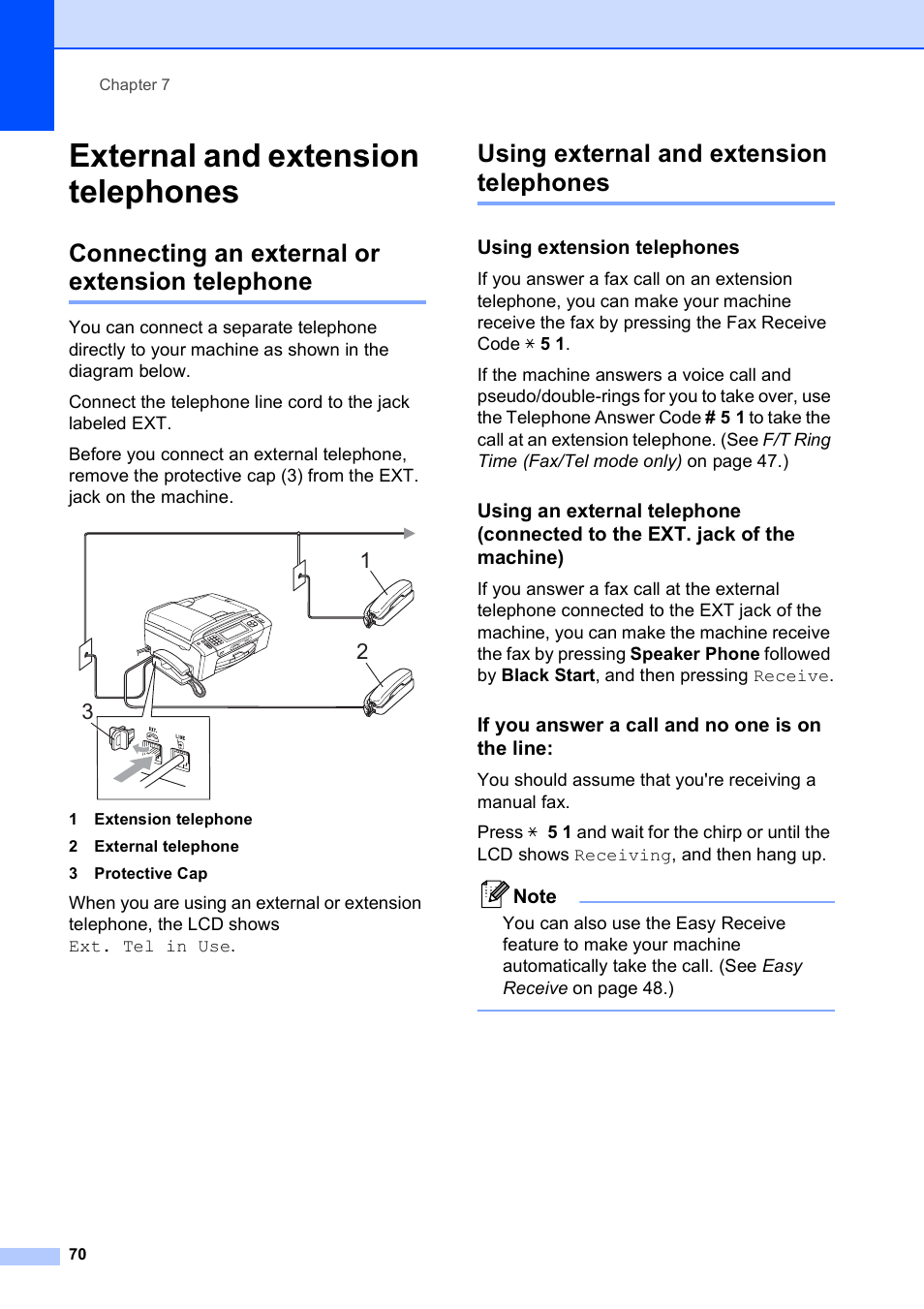External and extension telephones, Connecting an external or extension telephone, Using external and extension telephones | Using extension telephones, If you answer a call and no one is on the line | Brother MFC-795CW User Manual | Page 86 / 240