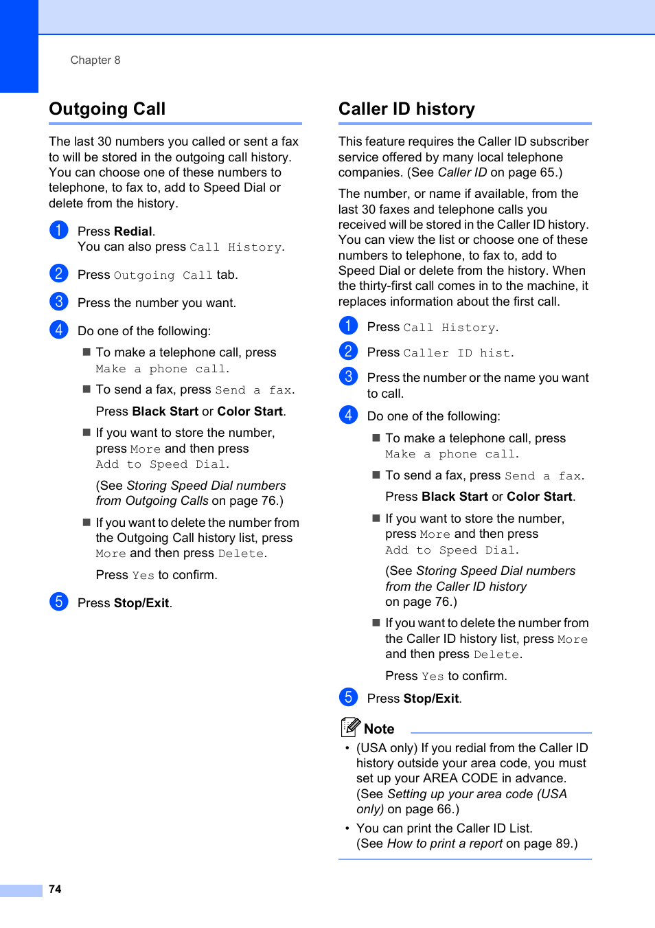 Outgoing call, Caller id history, Outgoing call caller id history | Brother MFC-795CW User Manual | Page 90 / 240