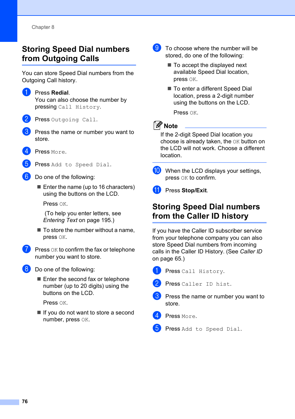 Storing speed dial numbers from outgoing calls | Brother MFC-795CW User Manual | Page 92 / 240