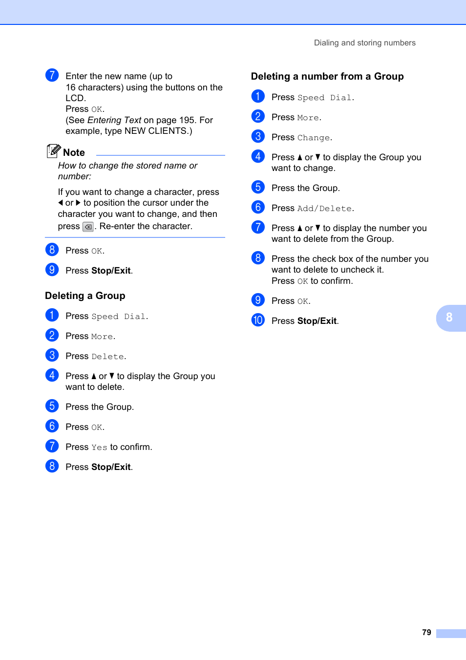 Deleting a group, Deleting a number from a group | Brother MFC-795CW User Manual | Page 95 / 240