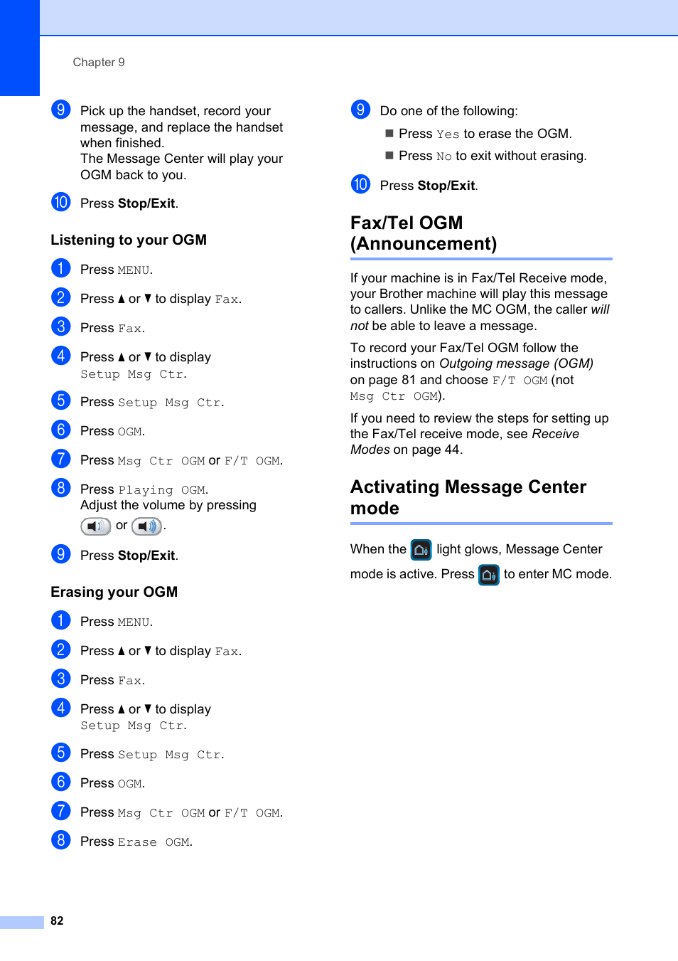 Listening to your ogm, Erasing your ogm, Fax/tel ogm (announcement) | Activating message center mode | Brother MFC-795CW User Manual | Page 98 / 240