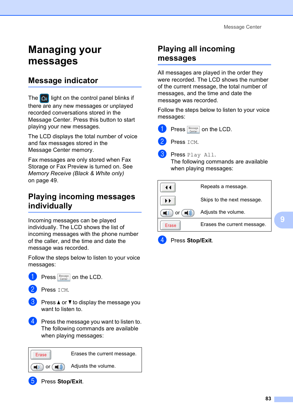 Managing your messages, Message indicator, Playing incoming messages individually | Playing all incoming messages | Brother MFC-795CW User Manual | Page 99 / 240