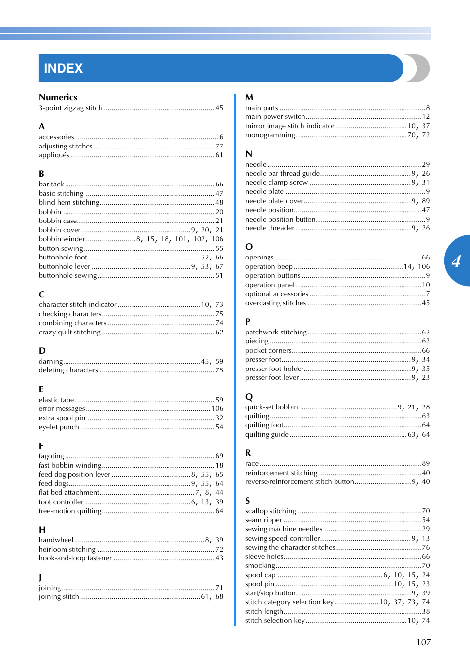 Index | Brother XR1300 User Manual | Page 109 / 112