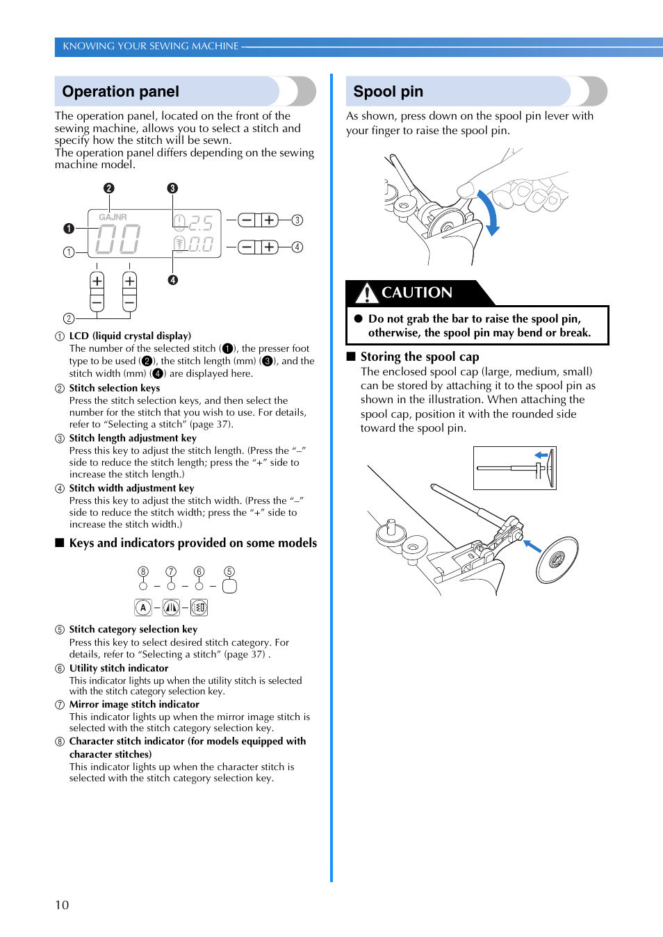 Operation panel, Spool pin, Caution | Brother XR1300 User Manual | Page 12 / 112