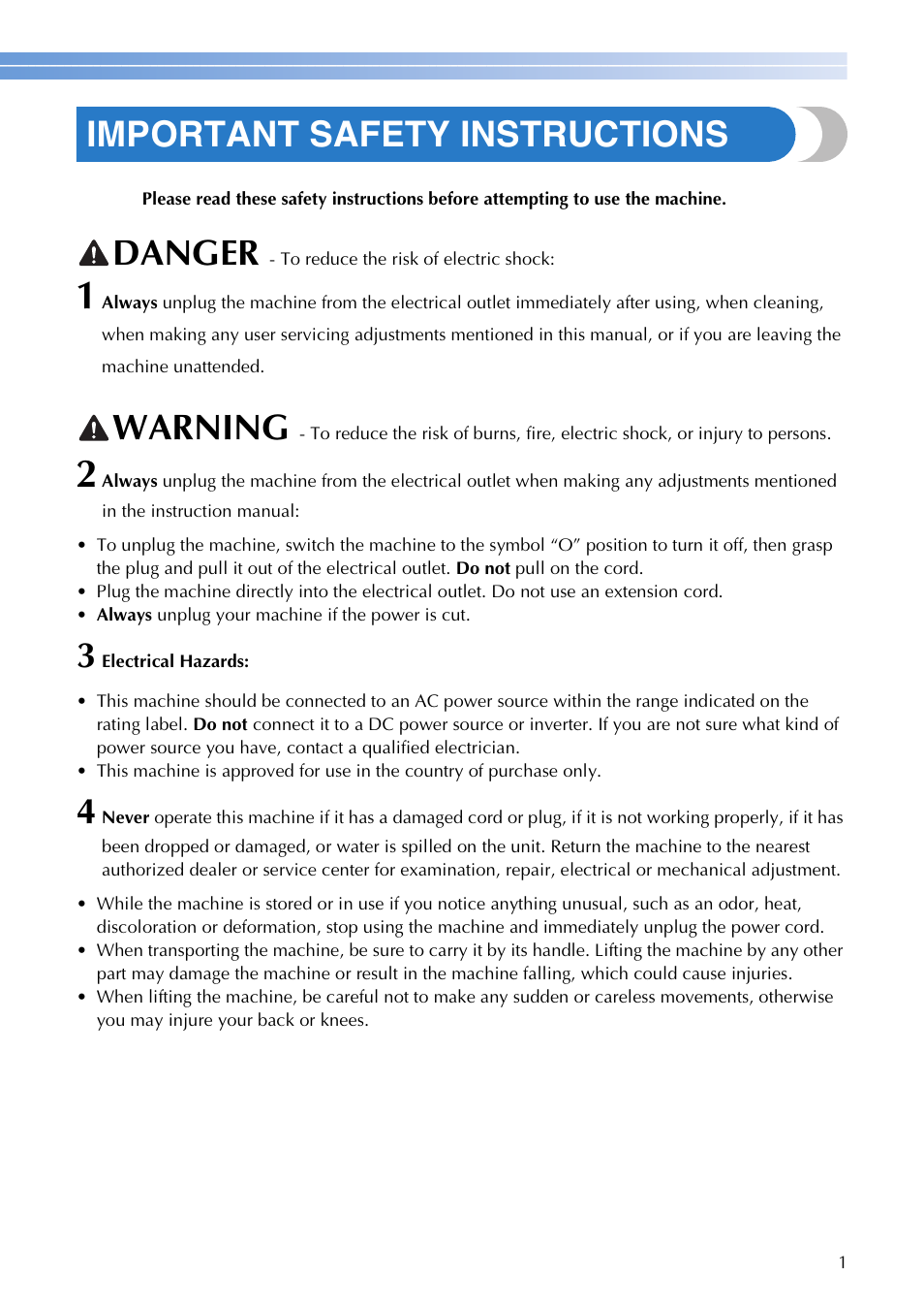 Important safety instructions, Danger, Warning | Brother XR1300 User Manual | Page 3 / 112