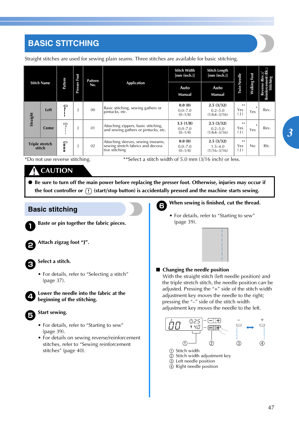 Basic stitching, Caution | Brother XR1300 User Manual | Page 49 / 112