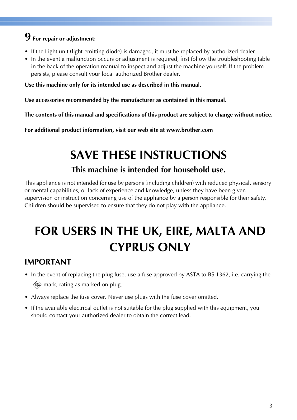 Save these instructions, For users in the uk, eire, malta and cyprus only | Brother XR1300 User Manual | Page 5 / 112