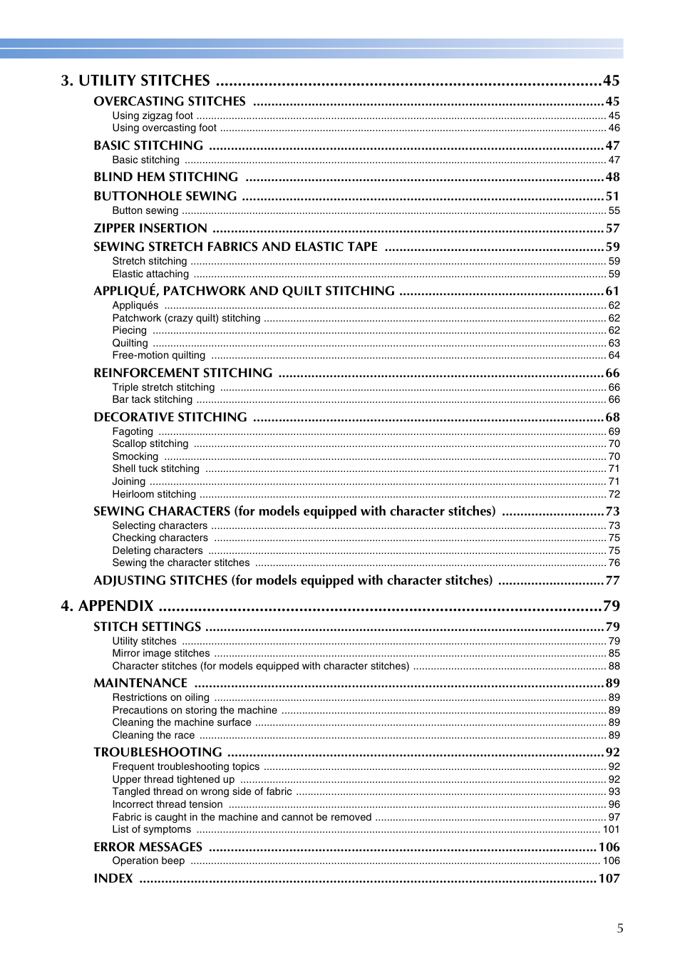 Utility stitches, Appendix | Brother XR1300 User Manual | Page 7 / 112
