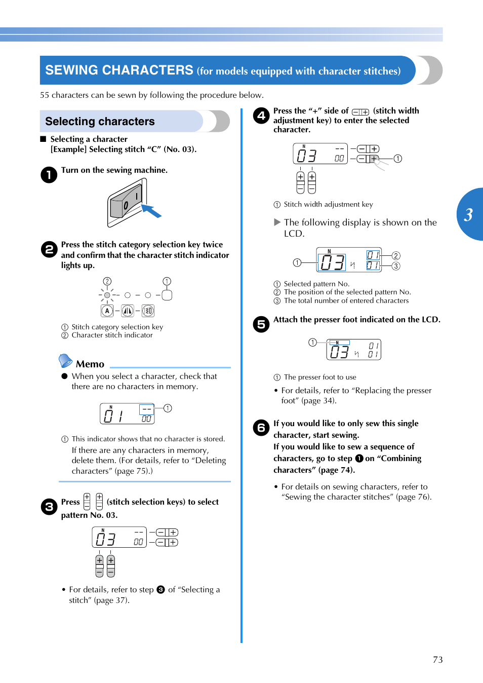 Sewing characters, Selecting characters, For models equipped with character stitches) | Brother XR1300 User Manual | Page 75 / 112